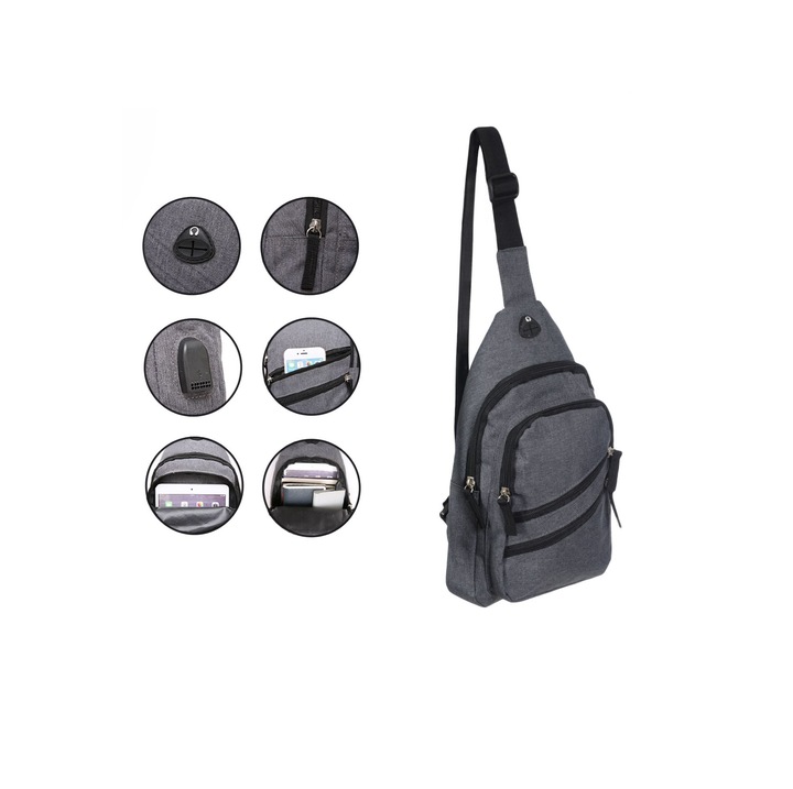 Мъжка раница, с USB, Сива, 18x8x32см