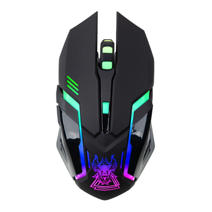 Mouse gaming Renew Force, Wireless 2.4 G, Iluminare RGB, USB, Reincarcabil, FastCharge, Reglabil1200/1600/3200 DPI, Design ergonomic, Negru Print