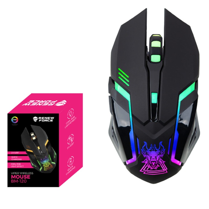 Mouse gaming Renew Force, Wireless 2.4 G, Iluminare RGB, USB, Reincarcabil, FastCharge, Reglabil1200/1600/3200 DPI, Design ergonomic, Negru Print