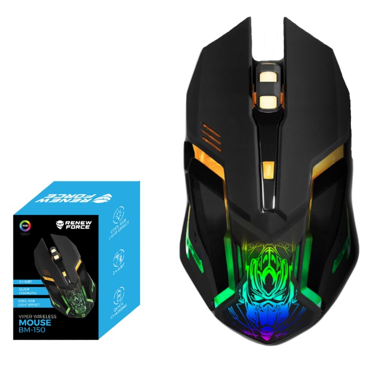 Mouse gaming Renew Force, Wireless 2.4 G, Iluminare RGB, USB, Reincarcabil, FastCharge, Reglabil1200/1600/3200 DPI, Design ergonomic, Negru Gri