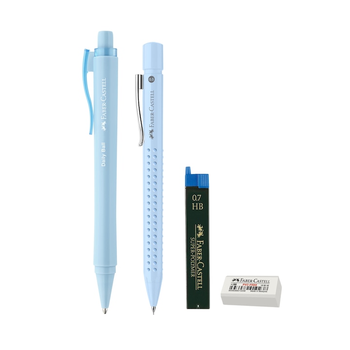 Set Faber-Castell creion mecanic 0.7mm, rezerve, pix si radiera, Motiv Bleu sky