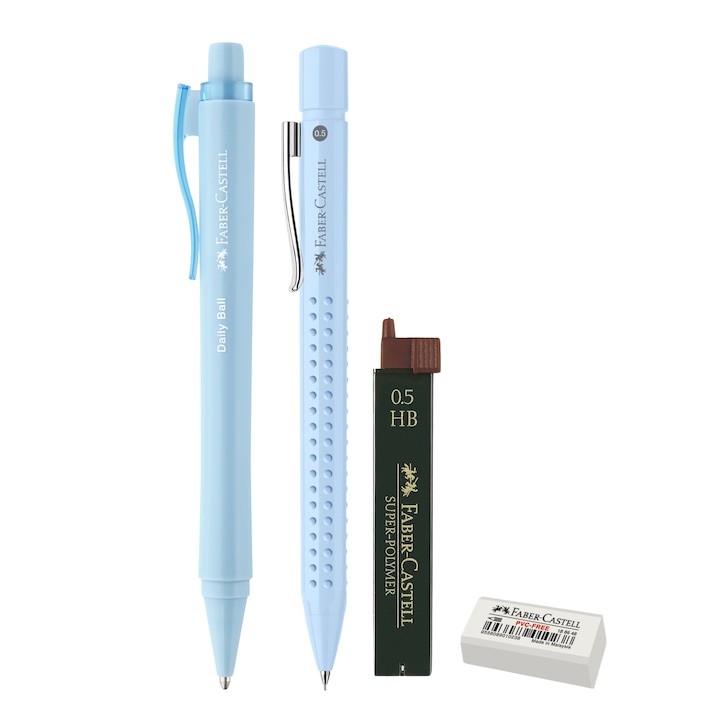Set Faber-Castell creion mecanic 0.5mm, rezerve, pix si radiera, Motiv Bleu sky