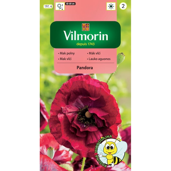 Seminte de gradina, Seminte de mac Pandora, Vilmorin, Semanat martie-aprilie, 0.1 g, calitate superioara, seminte premium, seminte de top
