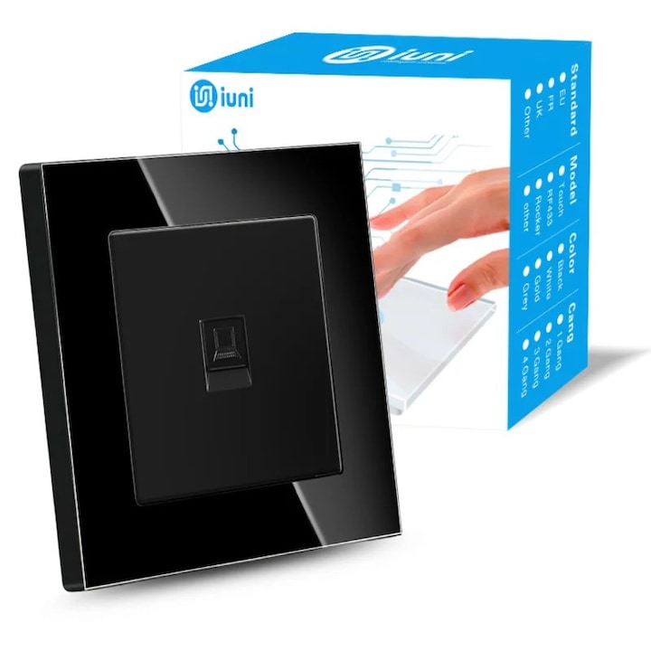 Интернет гнездо RJ45, Cat6, защитена стъклена рамка, iUni SD, черно