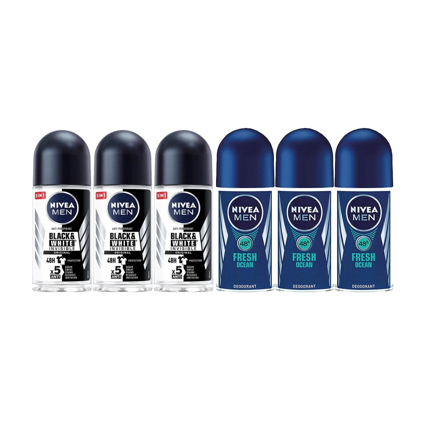 Комплект 6 x Дезодорант против изпотяване Nivea Men 50 ml Roll On, 3 x ...