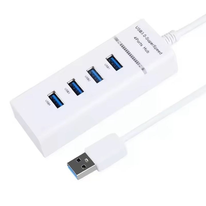 USB хъб и Разклонител 1Tech Combo 4, Високоскоростен, 4 USB порта, 3.0 USB hub, Бял