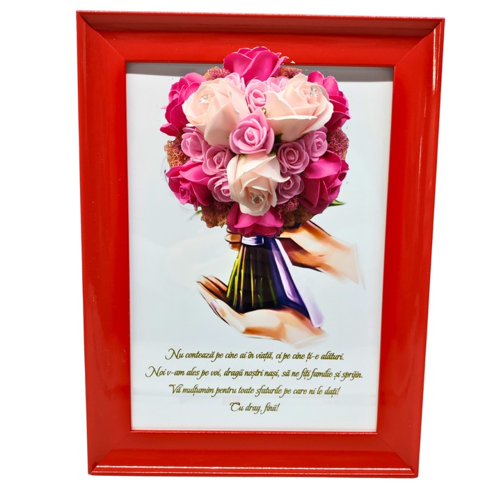 Tablou in rama A4 (30x21 cm) - Nu conteaza pe cine ai in viata, ci pe cine ti-e alaturi - v17 decorat cu flori de sapun roz - roz pal
