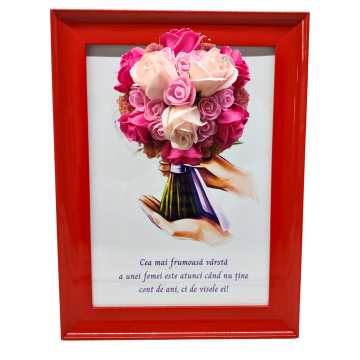 Tablou in rama A4 (30x21 cm) - Cea mai frumoasa varsta a unei femei este atunci cand nu tine cont de ani - v17 decorat cu flori de sapun roz - roz pal