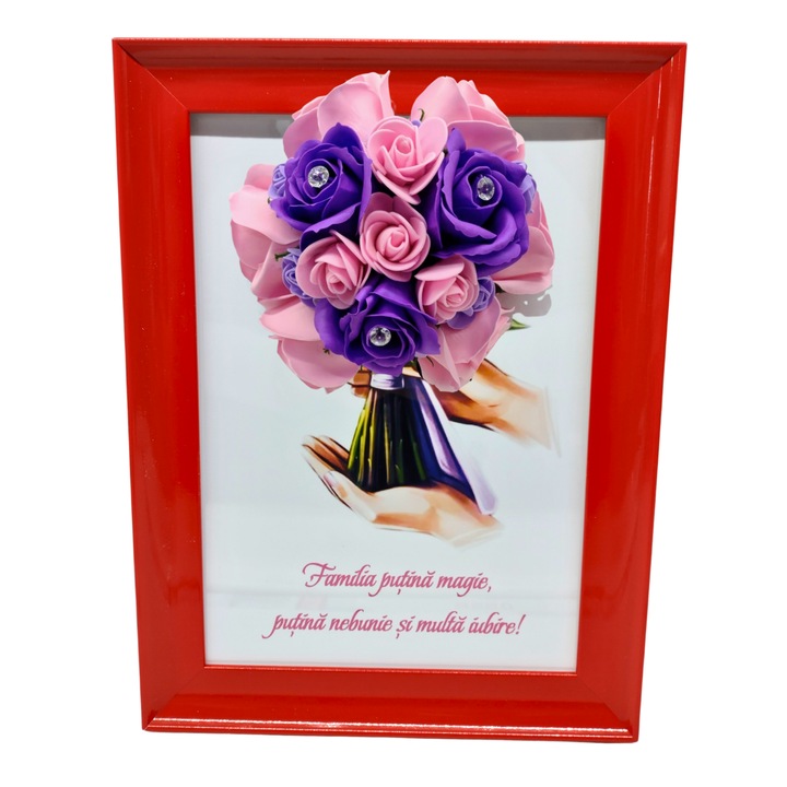 Tablou in rama A4 (30x21 cm) - Familia putina magie, putina nebunie si multa iubire-v17 decorat cu flori de sapun mov - roz