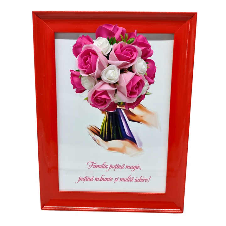 Tablou in rama A4 (30x21 cm) - Familia putina magie, putina nebunie si multa iubire - v17 decorat cu flori de sapun roz - roz inchis