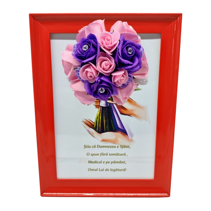 Tablou in rama A4 (30x21 cm) - Stiu ca Dumnezeu e Sfant, O spun fara tematura, Medicul e pe pamant - v17 decorat cu flori de sapun mov - roz