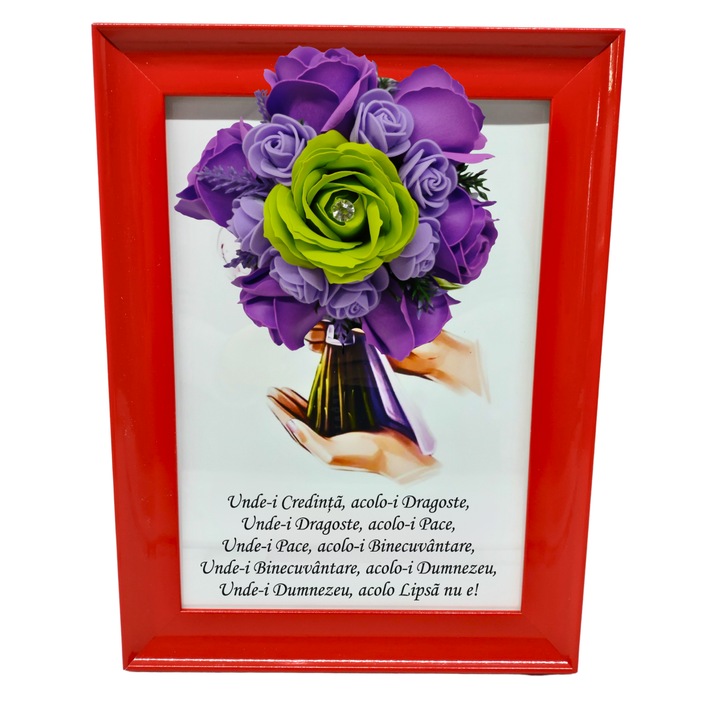 Tablou in rama A4 (30x21 cm) - Binecuvantarea Casei - v17 decorat cu flori de sapun mov - verde