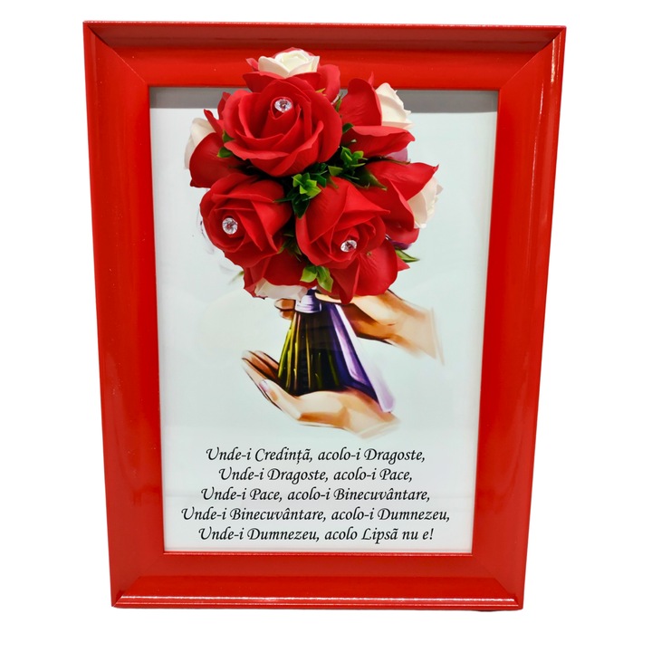 Tablou in rama A4 (30x21 cm) - Binecuvantarea Casei - v17 decorat cu flori de sapun rosii