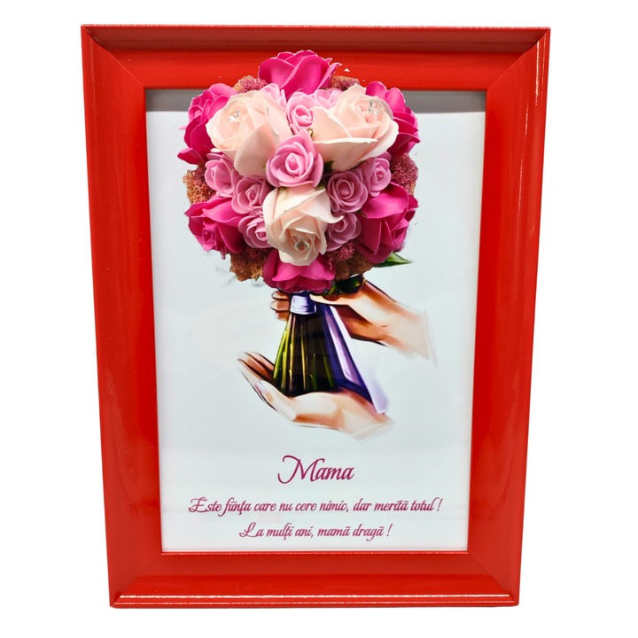 Tablou in rama A4 (30x21 cm) - Mama, Este fiinta care nu cere nimic, dar merita totul! La multi ani, mama draga! - v17 decorat cu flori de sapun roz - roz pal