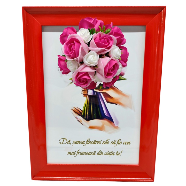 Tablou in rama A4 (30x21 cm) - Da sansa fiecarei zile sa fie cea mai frumoasa din viata ta! - v17 decorat cu flori de sapun roz - roz inchis