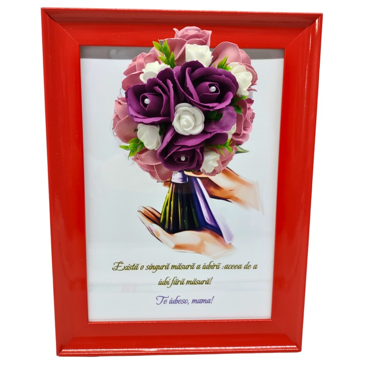 Tablou in rama A4 (30x21 cm) - Exista o singura masura a iubirii, accea de a iubi fara masura! Te iubesc! - v17 decorat cu flori de sapun roz - visiniu