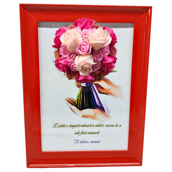 Tablou in rama A4 (30x21 cm) - Exista o singura masura a iubirii, accea de a iubi fara masura! Te iubesc! - v17 decorat cu flori de sapun roz - roz pal