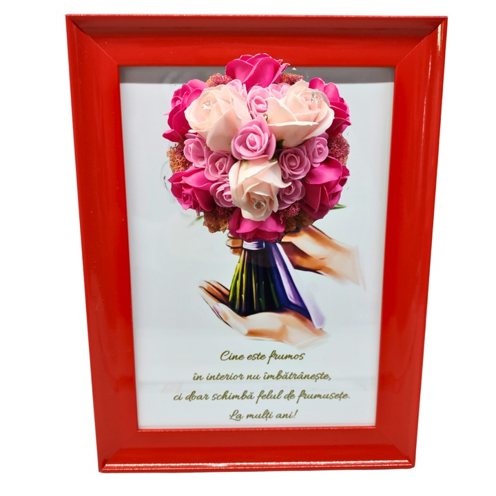 Tablou in rama A4 (30x21 cm) - Cine este frumos in interior nu imbatraneste, ci doar schimba felul de frumusete - v17 decorat cu flori de sapun roz - roz pal