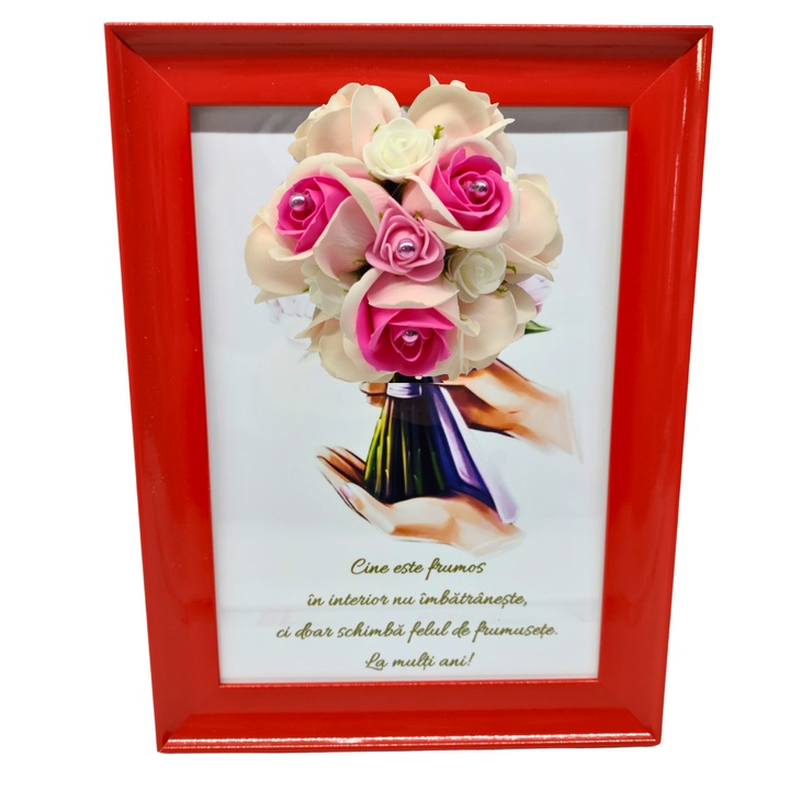 Tablou in rama A4 (30x21 cm) - Cine este frumos in interior nu imbatraneste, ci doar schimba felul de frumusete - v17 decorat cu flori de sapun roz deschis