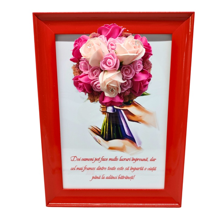 Tablou in rama A4 (30x21 cm) - Doi oameni pot face multe lucruri impreuna - v17 decorat cu flori de sapun roz - roz pal