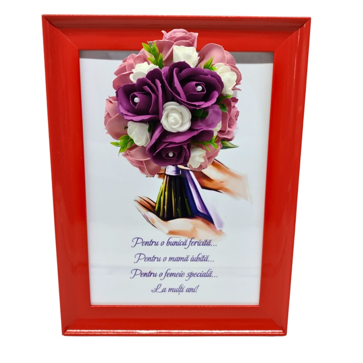 Tablou in rama A4 (30x21 cm) - Pentru o bunica fericita, pentru o mama iubita, pentru o femeie speciala, la multi ani! - v17 decorat cu flori de sapun roz - visiniu