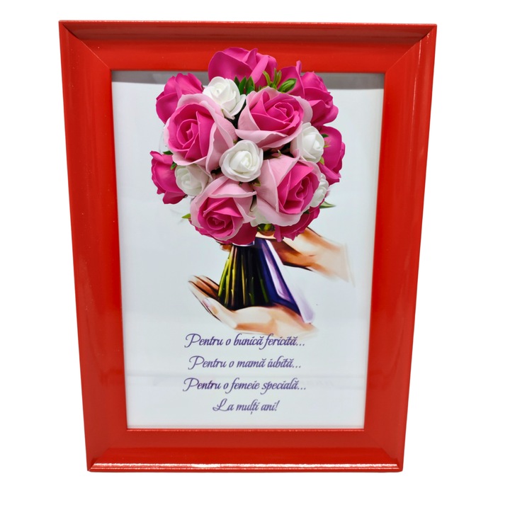 Tablou in rama A4 (30x21 cm) - Pentru o bunica fericita, pentru o mama iubita, pentru o femeie speciala, la multi ani! - v17 decorat cu flori de sapun roz - roz inchis