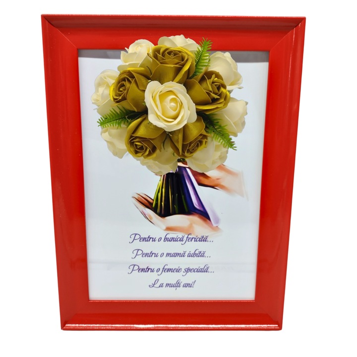Tablou in rama A4 (30x21 cm) - Pentru o bunica fericita, pentru o mama iubita, pentru o femeie speciala, la multi ani! - v17 decorat cu flori de sapun galben - auriu