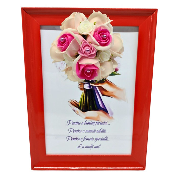 Tablou in rama A4 (30x21 cm) - Pentru o bunica fericita, pentru o mama iubita, pentru o femeie speciala, la multi ani! - v17 decorat cu flori de sapun roz deschis