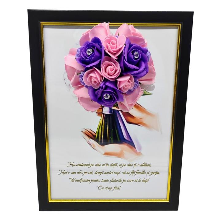 Tablou in rama A4 (30x21 cm) - Nu conteaza pe cine ai in viata, ci pe cine ti-e alaturi - v18 decorat cu flori de sapun mov - roz