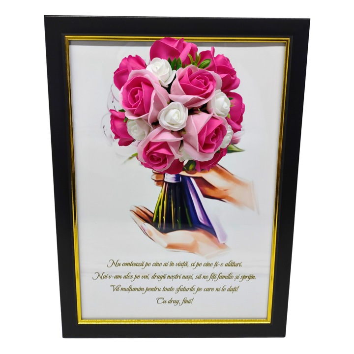 Tablou in rama A4 (30x21 cm) - Nu conteaza pe cine ai in viata, ci pe cine ti-e alaturi - v18 decorat cu flori de sapun roz inchis - roz