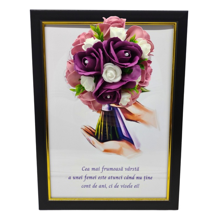 Tablou in rama A4 (30x21 cm) - Cea mai frumoasa varsta a unei femei este atunci cand nu tine cont de ani - v18 decorat cu flori de sapun roz - visiniu