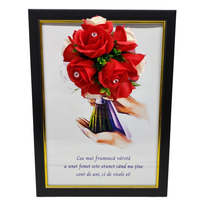 Tablou in rama A4 (30x21 cm) - Cea mai frumoasa varsta a unei femei este atunci cand nu tine cont de ani - v18 decorat cu flori de sapun rosii