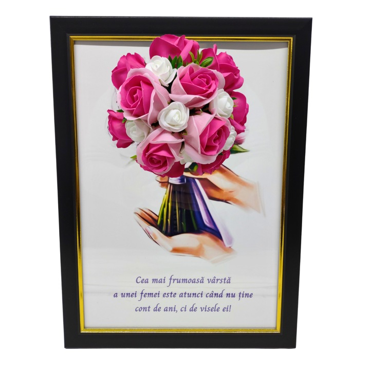 Tablou in rama A4 (30x21 cm) - Cea mai frumoasa varsta a unei femei este atunci cand nu tine cont de ani - v18 decorat cu flori de sapun roz - roz inchis