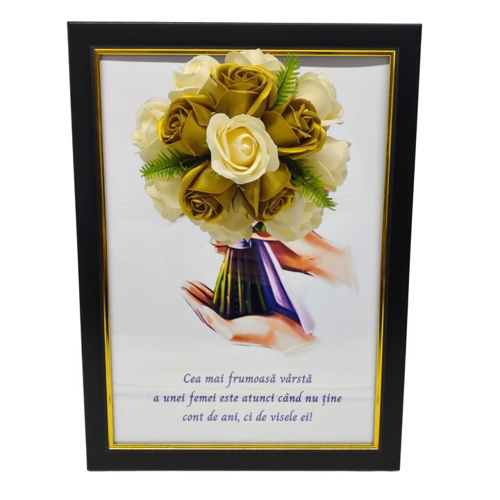 Tablou in rama A4 (30x21 cm) - Cea mai frumoasa varsta a unei femei este atunci cand nu tine cont de ani - v18 decorat cu flori de sapun auriu - galben