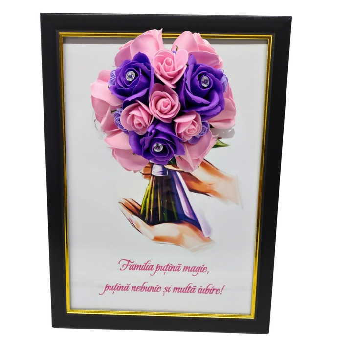 Tablou in rama A4 (30x21 cm) - Familia putina magie, putina nebunie si multa iubire - v18 decorat cu flori de sapun mov - roz