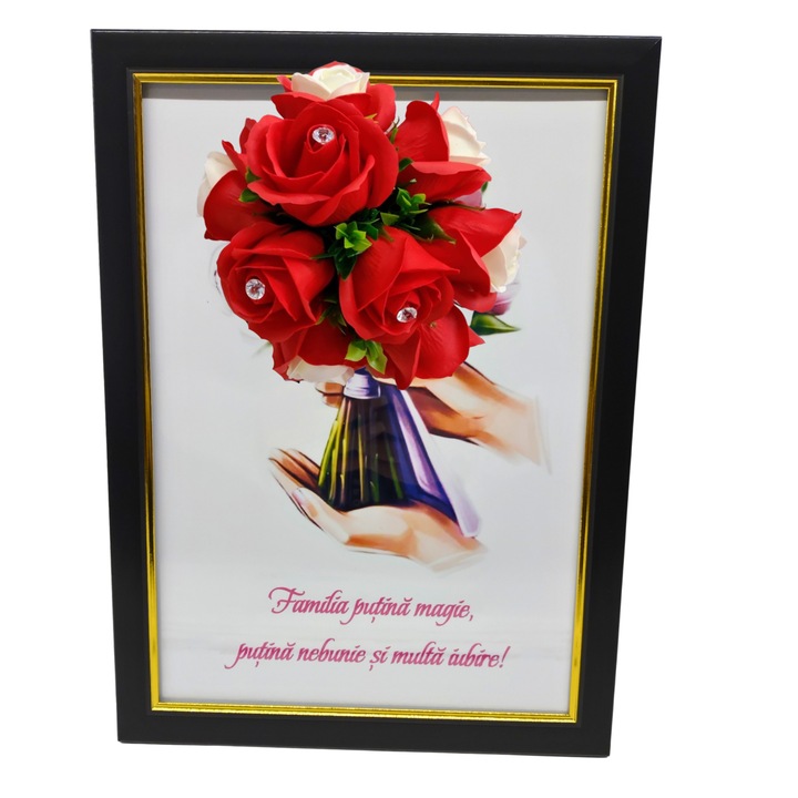 Tablou in rama A4 (30x21 cm) - Familia putina magie, putina nebunie si multa iubire - v18 decorat cu flori de sapun rosii