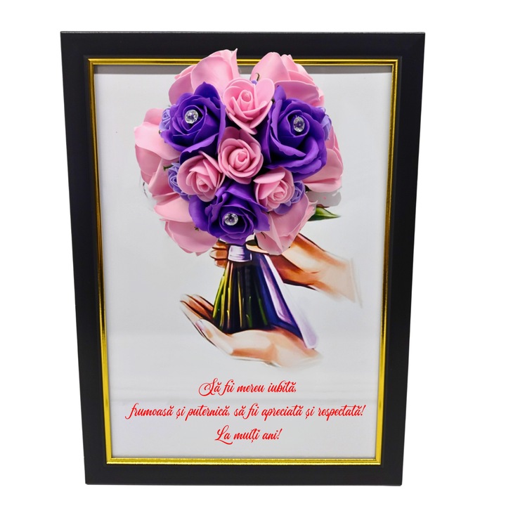 Tablou in rama A4 (30x21 cm) - Sa fii mereu iubita, frumoasa si puternica - v18 decorat cu flori de sapun roz - mov