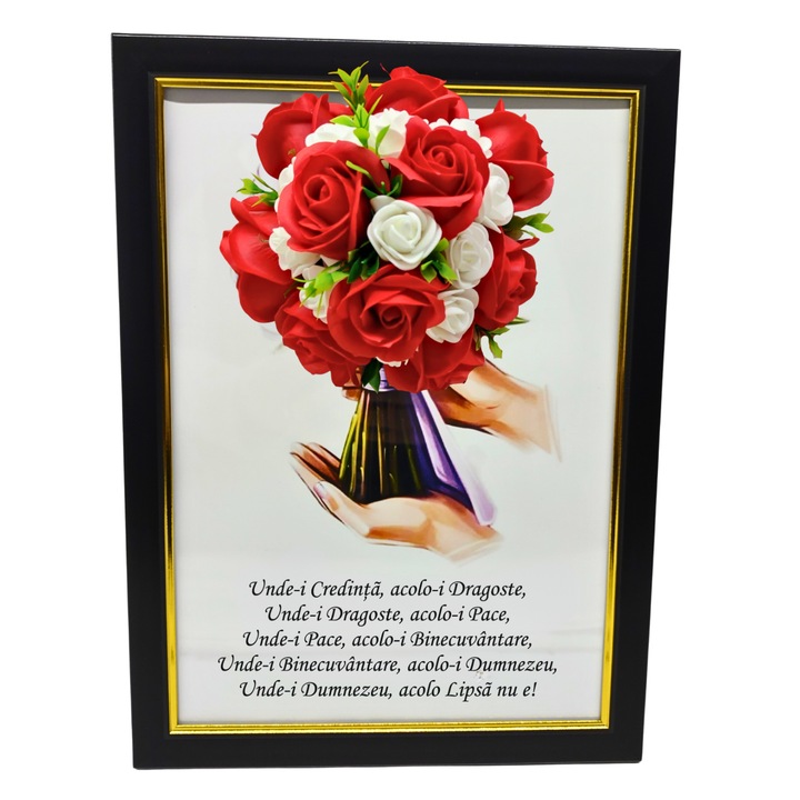 Tablou in rama A4 (30x21 cm) - Binecuvantarea Casei - v18 decorat cu flori de sapun rosu - alb