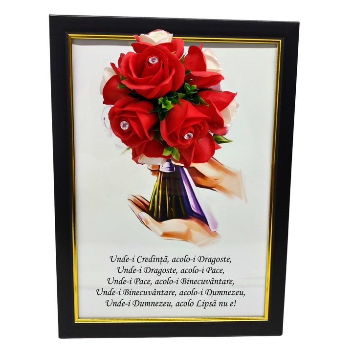 Tablou in rama A4 (30x21 cm) - Binecuvantarea Casei - v18 decorat cu flori de sapun rosii