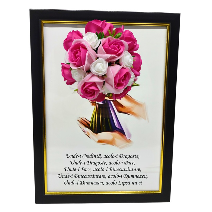 Tablou in rama A4 (30x21 cm) - Binecuvantarea Casei - v18 decorat cu flori de sapun roz - roz inchis