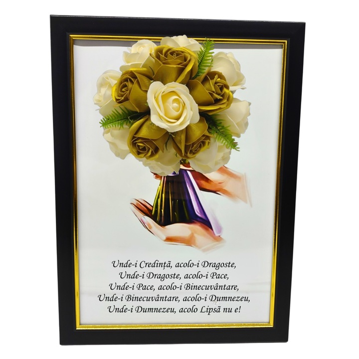 Tablou in rama A4 (30x21 cm) - Binecuvantarea Casei - v18 decorat cu flori de sapun auriu - galben