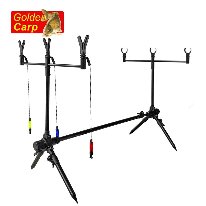 Suport Lansete Crap Auriu, Ajustabil, 3 Lansete, Aluminiu, Cu Geanta De Transport