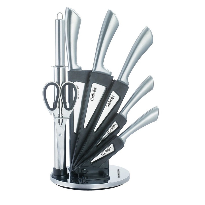 Set de 8 piese cutite din otel inoxidabil cu baza de sprijin rotativa la 360° Cheffinger