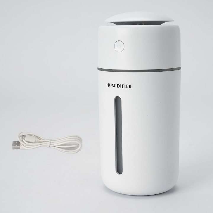 Aurora ultrahangos autós légpárásító, 7 színű LED lélegző fényhatás, 350 ml-es aromadiffúzor, 4 órás automatikus párásítás, csendes kivitel, fehér