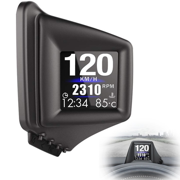 Display de Bord pentru Stalp cu Afisaj Digital Aparat multifunctional GPS si Diagnoza Auto OBD2, Head-Up display, PC/ABS, 9.7×6.1×4.9 cm, Negru