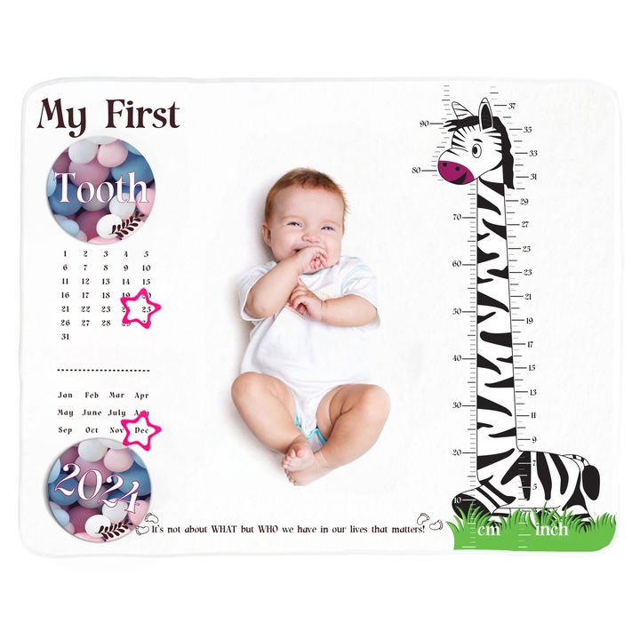 Paturica foto bebe Baby Milestone Blanket Long Neck Zebra & Foot Steps 2024-2027, 100x120cm, doua fete, alba, fleece, fina, plus set 45 stickere vizibile, 20 cm diametru, adeziv pe baza de apa, non toxice, pentru gravide si nou nascuti