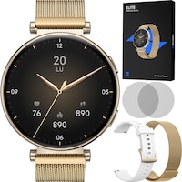 Ceas smartwatch dama, Qualtec by Koppel®, ecran rotund AMOLED 1.32", inteligent, fitness, sport, rezistent apa 3ATM, smart, notificari, wireless, apel Bluetooth 5.3, microfon HD, limba romana, pentru femei, carcasa metalica, 2 bratari incluse, ELITE, gold