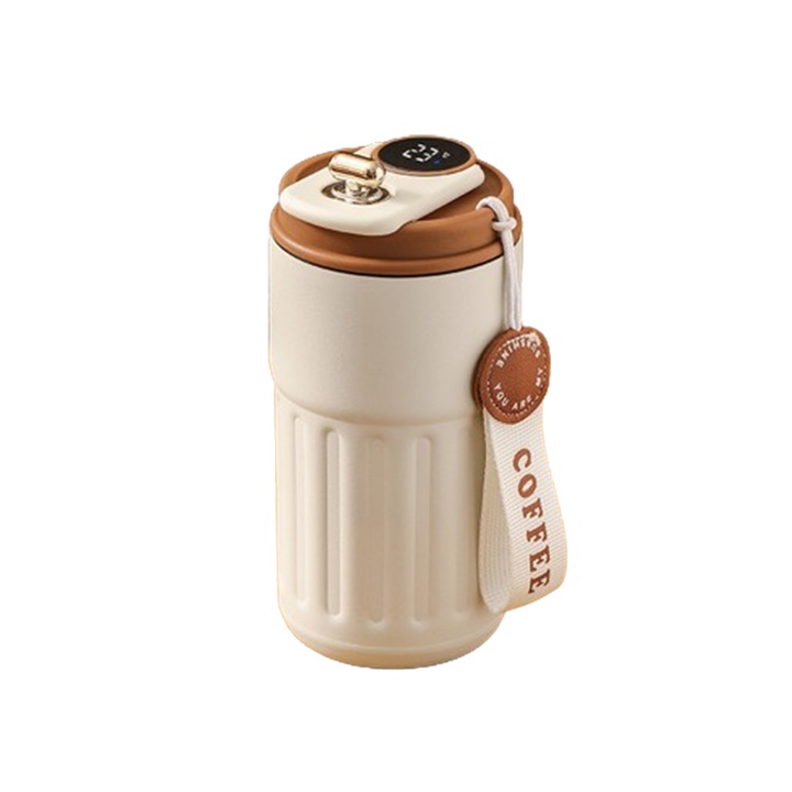 Termos cu afisaj digital inteligent al temperaturii, din otel inoxidabil, portabil, cu maner de coarda, pentru bauturi calde si reci, 450 ml, alb