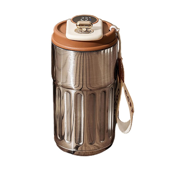 Термос с интелигентен дигитален температурен дисплей, неръждаема стомана, преносим, с въжена дръжка, за топли и студени напитки, 450 ml, неръждаемо сив