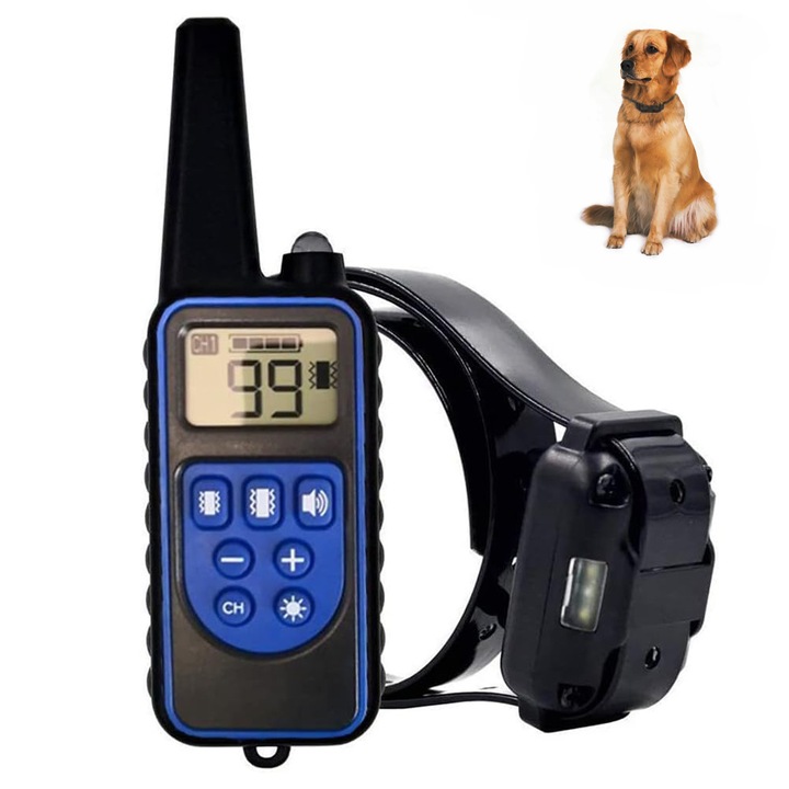 Zgarda Electrica pentru Dresaj Caini, 99 Nivele de Vibratii, Ghid Dresaj, Raza Actiune 800m, Reincarcabila, IP6x - Rezistenta la Apa si Praf, Electrozi Cauciucati, Protectie Piele, Power Saving, Circumferinta pana la 70 cm, Negru/Albastru
